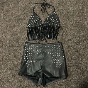 Black Pleather Fringe Studded Two-Piece Rave Set